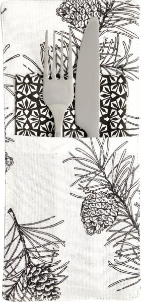 Wohnseele IHR Bestecktasche Set of 2 (Textil) PINE BRANCHES white black